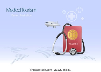 Turismo médico. Estetioscopio en pasaporte con avión volador. Paciente que viaja al extranjero para cirugía médica, tratamiento y operación como turista. vector 3D.