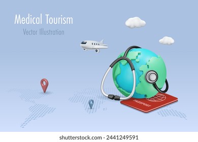 Medical tourism. Stethoscope on world with passport and airplane. Patient tourist flying overseas for cheap medical treatment and operation service. 3D vector created from graphic software.