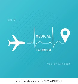 Medical Tourism vector concept. Flat design modern template. Medicine service abroad background overlay.Poster with illustration of stethoscope,world map, airplane, passport.