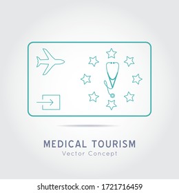 Medical Tourism vector concept. Flat design modern template.Medicine service visa stamp overlay.Poster with illustration of stethoscope,world map, airplane, passport.