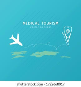 Medical Tourism vector concept. Flat design modern template. Medicine service abroad background overlay.Poster with illustration of stethoscope,world map, airplane, passport.