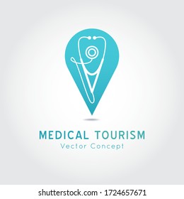 Medical Tourism vector concept. Flat design modern template. Medicine symbol pin.Poster with illustration of stethoscope,world map, airplane, passport.