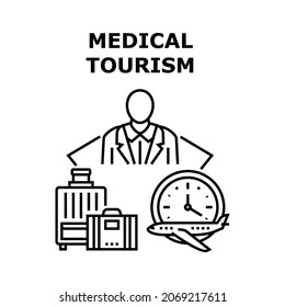 Medical Tourism Vector Icon Concept. Medical Tourism And International Insurance, Air Traveling For Checking Health And Treatment Disease. Traveler Healthcare And Journey Black Illustration