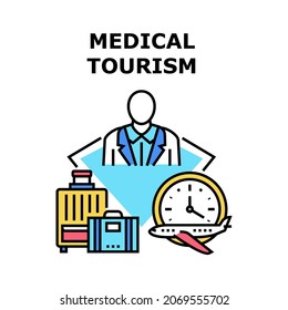 Medical Tourism Vector Icon Concept. Medical Tourism And International Insurance, Air Traveling For Checking Health And Treatment Disease. Traveler Healthcare And Journey Color Illustration