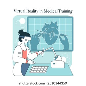 Medical Training Concept. Doctor in virtual reality headset conducts heart surgery simulation. Advanced technology in medical education. Vector illustration.