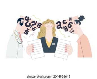 Medical Translations -medical Insurance Illustration -modern Flat Vector Concept Digital Illustration -doctor, Patient And Medical Interpreter Holding Documents. Medical Interpretation And Translation