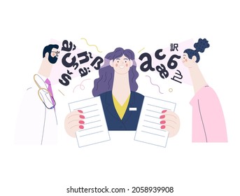 Medical Translations -medical Insurance Illustration -modern Flat Vector Concept Digital Illustration -doctor, Patient And Medical Interpreter Holding Documents. Medical Interpretation And Translation