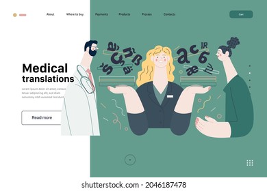 Medical Translations -medical Insurance Web Template -modern Flat Vector Concept Digital Illustration - Doctor, Patient And Medical Interpreter Holding Documents. Medical Interpretation And Translatio