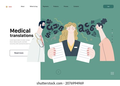 Medical Translations -medical Insurance Web Template -modern Flat Vector Concept Digital Illustration - Doctor, Patient And Medical Interpreter Holding Documents. Medical Interpretation And