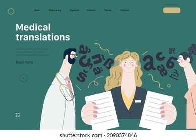 Medical Translations -medical Insurance Web Template -modern Flat Vector Concept Digital Illustration - Doctor, Patient And Medical Interpreter Holding Documents. Medical Interpretation And