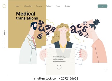 Medical Translations -medical Insurance Web Template -modern Flat Vector Concept Digital Illustration - Doctor, Patient And Medical Interpreter Holding Documents. Medical Interpretation And