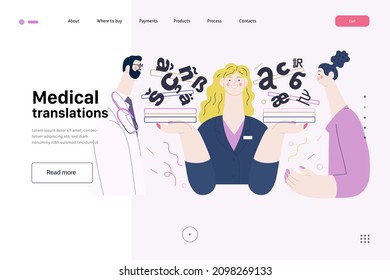 Medical Translations -medical Insurance Web Template -modern Flat Vector Concept Digital Illustration - Doctor, Patient And Medical Interpreter Holding Documents. Medical Interpretation And