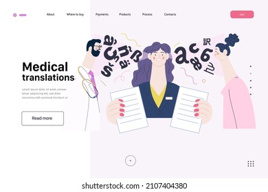 Medical Translations -medical Insurance Web Template -modern Flat Vector Concept Digital Illustration - Doctor, Patient And Medical Interpreter Holding Documents. Medical Interpretation And