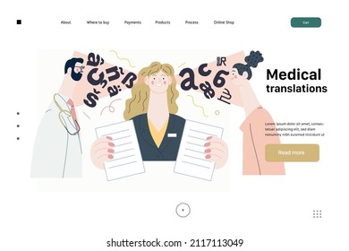 Medical Translations -medical Insurance Web Template -modern Flat Vector Concept Digital Illustration - Doctor, Patient And Medical Interpreter Holding Documents. Medical Interpretation And