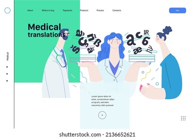 Medical Translations -medical Insurance Web Template -modern Flat Vector Concept Digital Illustration - Doctor, Patient And Medical Interpreter Holding Documents. Medical Interpretation And