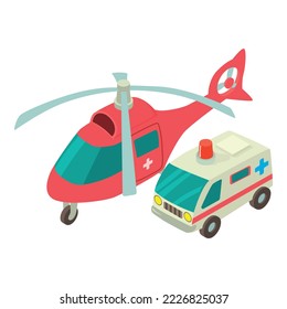 Icono de transporte médico vector isométrico. Helicóptero rojo e icono del coche de ambulancia. Ambulancia, transporte