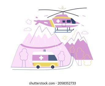 Medical transportation -medical insurance - modern flat vector concept digital illustration - a flying helicopter with a cross on board, and emergency van riding by twist mountain road