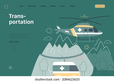 Medical transportation -medical insurance web template -modern flat vector concept digital illustration - a flying helicopter with a cross on board, and emergency van riding by twist mountain road