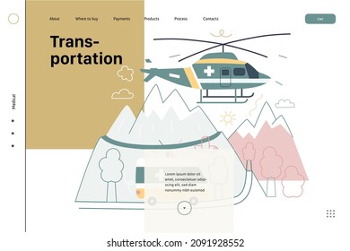 Medical transportation -medical insurance web template -modern flat vector concept digital illustration - a flying helicopter with a cross on board, and emergency van riding by twist mountain road