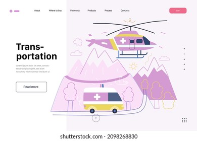 Medical transportation -medical insurance web template -modern flat vector concept digital illustration - a flying helicopter with a cross on board, and emergency van riding by twist mountain road