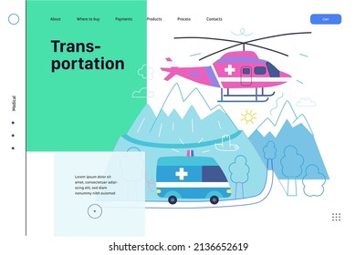 Medical transportation -medical insurance web template -modern flat vector concept digital illustration - a flying helicopter with a cross on board, and emergency van riding by twist mountain road