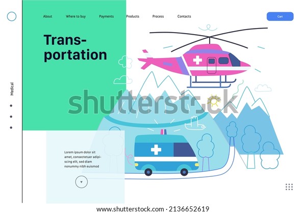 Medical transportation -medical insurance web\
template -modern flat vector concept digital illustration - a\
flying helicopter with a cross on board, and emergency van riding\
by twist mountain road