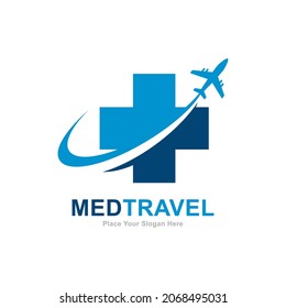 Medical travel with plane logo vector template. Suitable for travelling and plus health symbol