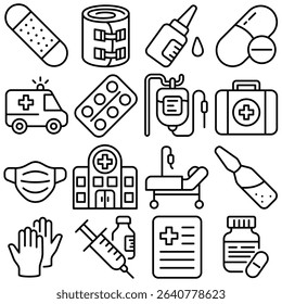 Medical Treatment and Care Icons Set Outline Style