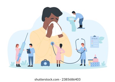 Medical treatment of colds and runny nose vector illustration. Cartoon tiny doctors with stethoscope, thermometer and syringe care for sick man with flu and influenza symptoms, patient holding tissue