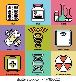 Medical Treatment Color Icon Set. Line Design Vector Illustrations.