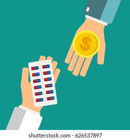 Medical treatment concept. Buying pills. Pharmacist giving medicine pills to patient. Hand hold pills. vector illustration.