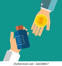 Medical treatment concept. Buying pills. Pharmacist giving bottle with pills to patient. Hand hold pills. vector illustration.