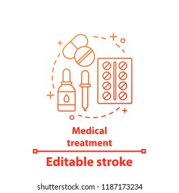 Medical treatment concept icon. Medications. Pharmacy idea thin line illustration. Medicine. Drops, dropper and pills. Vector isolated outline drawing. Editable stroke