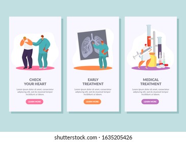 Medical treatment, early healthcare check, diagnosis vector illustration horizontal smartphone banners set. Doctors with syringe, tablets, test tubes and lungs x ray. Cardiologist listens to patient.