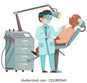 Medical treatment and healthcare concept consultation and diagnosis. Adult man on medical check-up with stomatologist in hospital. Doctor doing physical examination of throat with special equipment