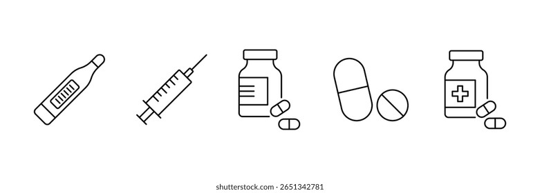 Tratamento médico injeção termômetro pílulas medicamento frasco vacinação droga prescrição ícone da dose vetor ilustração para uso hospitalar.