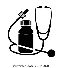 Medical Treatment Icon with Bottle and Stethoscope