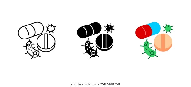 Medical treatment icon set. Pills and antibiotic sign. Virus, bacteria, and infection symbol. Prescription drugs and pharmaceutical pictogram. Healthcare and hospital illustration.