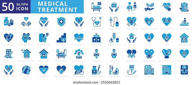 Medical treatment icon set with therapy, recovery, medication, implantation, preventive, heart problem, mental health, diagnosis, pharmacy, contraindication, not effective and adverse effect