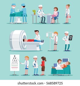 Medical treatment icons set with doctors nurses consultation surgery and different diagnostic procedures isolated vector illustration