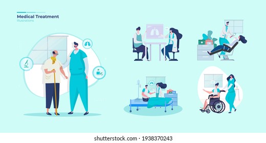 Medical treatment  illustration concept, Illustration set about medical team with patients for mobile app or website