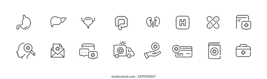 Medical treatment. Internal organs, check up, ambulance and hospital services. Pixel perfect, editable stroke line icons set