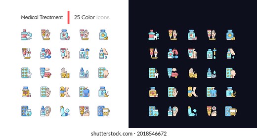 Medical treatment light and dark theme RGB color icons set. Oral hygiene. Antibacterial ointments. Isolated vector illustrations on white and black space. Simple filled line drawings pack
