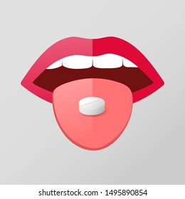 Medical treatment and medication concept with pill on tongue. Isolated vector illustration