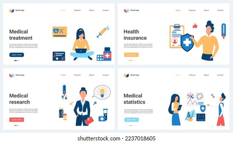 Medical treatment, research and statistics, healthcare and life insurance contract set vector illustration. Cartoon tiny people protect health with shield, emergency service and therapy for patient
