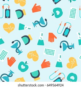 Medical treatment seamless pattern with colorful flat elements and icons on light background vector illustration