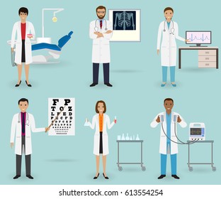 Medical treatment set with doctors of different specialties and equipment. Medicine staff occupation. Group of hospital employee. Vector illustration...