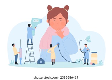 Medical treatment of sick child with cold symptoms vector illustration. Cartoon tiny doctors with stethoscope and thermometer care for cute girl wearing scarf, little patient with respiratory disease