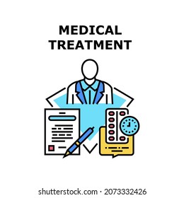 Medical Treatment Sick Vector Icon Concept. Medical Treatment Sick In Hospital, Doctor Checking Patient Health And Writing Prescription For Medicaments And Medicine Therapy Color Illustration