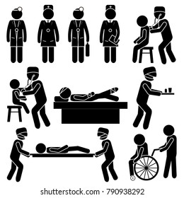 Medical Treatment Situations. Patient & Doctor Relationships. Surgeon, Pediatritian, Nurse. Stick Figure Pictogram Icon